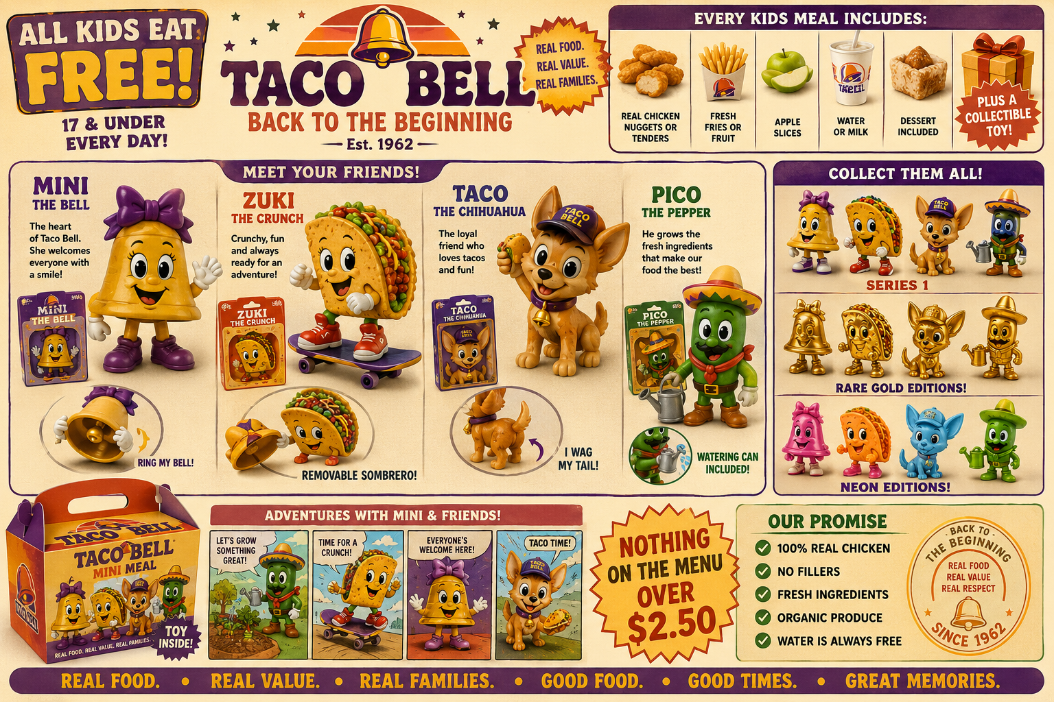 Taco Bell kids meal toy catalog with Mini, Zuki, Taco and Pico